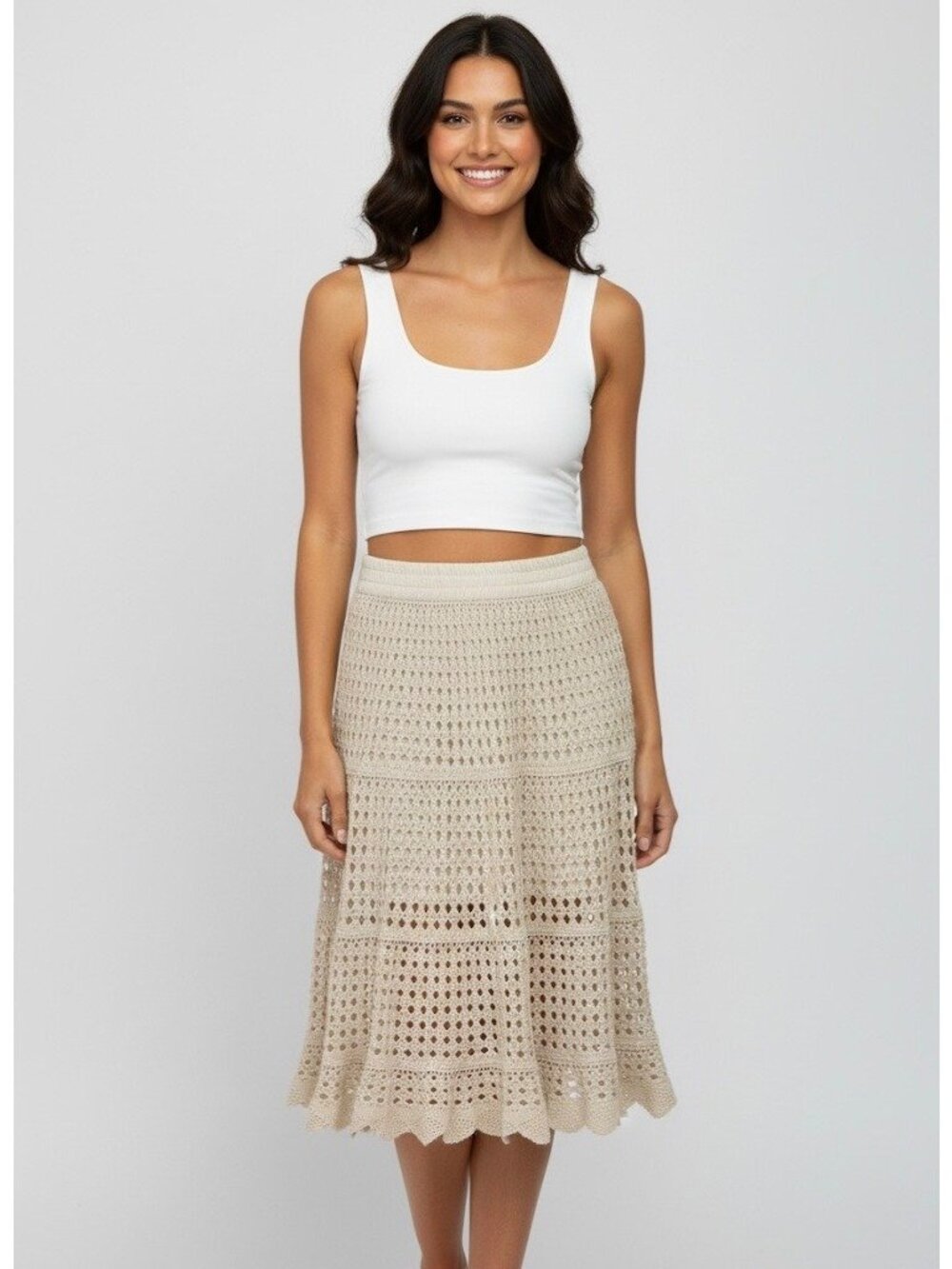 VTG 90s Artelier Nicole Miller Beige Crochet Scalloped Skirt M | Coastal Cowgirl - Picture 1 of 16